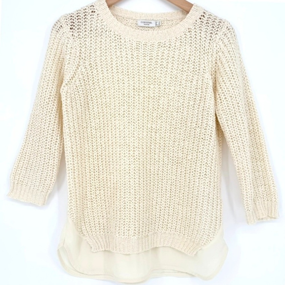 Cream Open Knit Layered Hem‎ Sweater 3/4 Women M Coastal Cowgirl Scandii Neutral